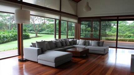 Fototapeta premium Modern Living Room with Large Windows and Comfortable Sofa Set