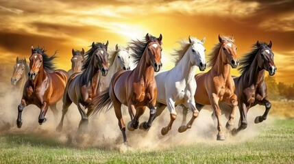 Majestic Herd of Horses Galloping at Sunset: A Breathtaking Display of Freedom and Wild Beauty in Nature