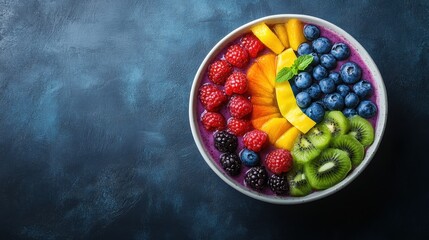 Bowl of assorted fruits and berries placed on a blue background for a vibrant food composition