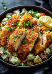 Fototapeta premium Delicious Austrian schnitzel with potato salad, garnished with fresh parsley and lemon slice close up shot for menu concept