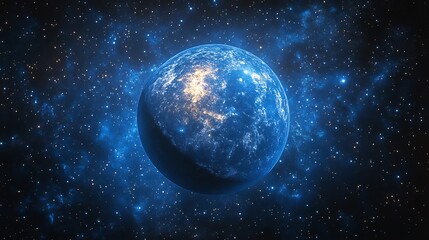 Naklejka premium Celestial Blue Planet Glowing Brightly in Space. AI Generated