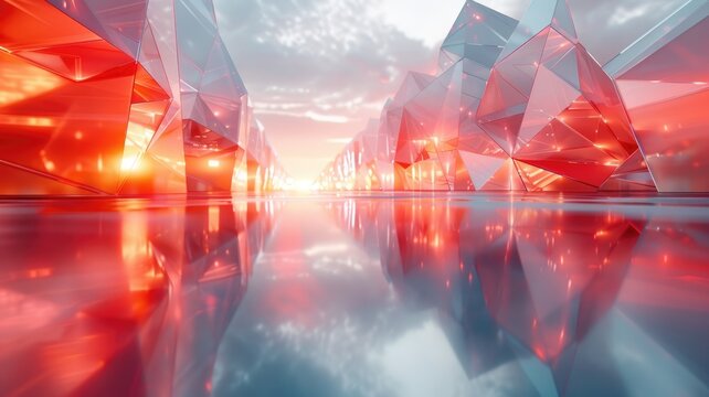 This stunning 3D geometric abstract design features vibrant colors and reflections, creating a serene and futuristic landscape perfect for various creative projects.
