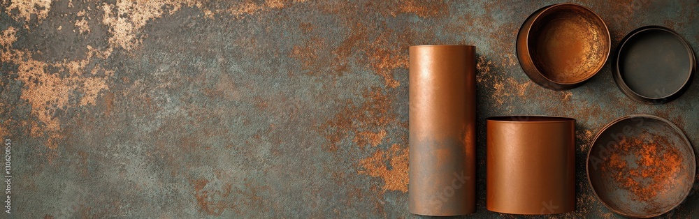 Poster Weathered metallic surface with warm hues featuring round containers in various sizes