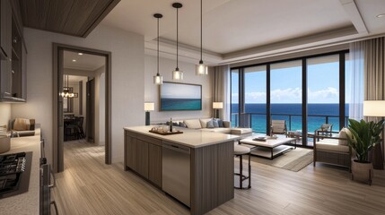 Modern Coastal Kitchen Design with Ocean View in Luxurious Condo