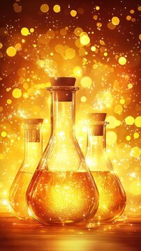 Golden potions glow, magical sparkle background, fantasy elixir