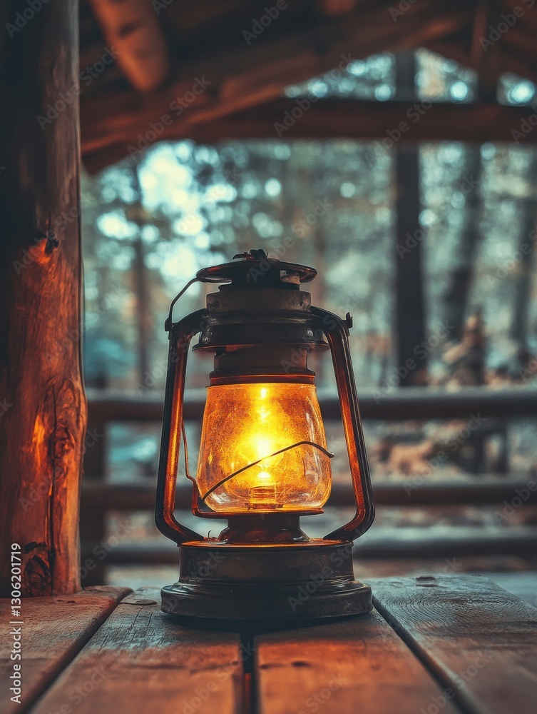 Aufkleber vintage lantern glowing warmly in a rustic cabin surrounded by a forest at dusk