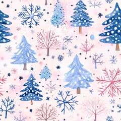 Colorful watercolor doodles of playful trees and snowflakes in a whimsical winter landscape