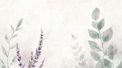 Whimsical Watercolor Design with Lavender and Eucalyptus Leaves in Soft Green and Purple Tones, Blending into Gentle White Background, Ideal for Wellness and Lifestyle Branding.