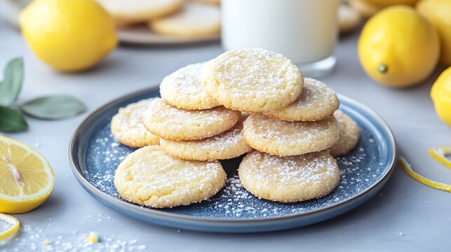 A blue plate stacked with sugared lemon cookies with lemons and milk
