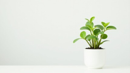 Fototapeta premium A vibrant, small potted plant with lush green leaves sits on a pristine white surface against a minimalist background, symbolizing growth and tranquility in a simple, modern setting.