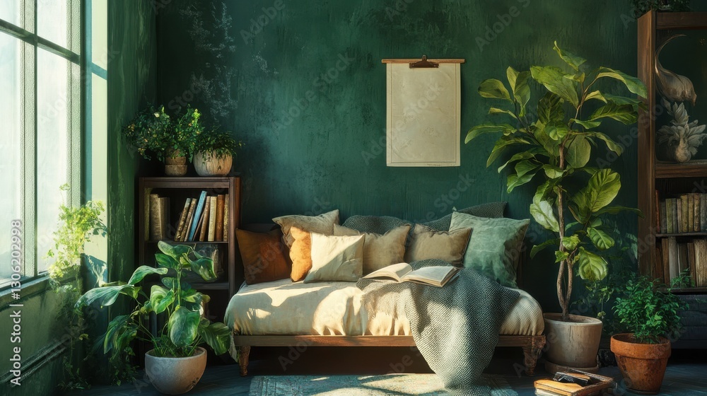 Poster cozy reading nook featuring green-painted walls and plush seating with plants for a tranquil atmosph