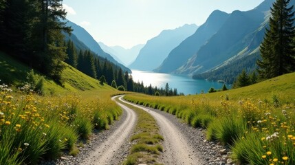 Fototapeta premium Serene Mountain Vista A Winding Gravel Road Through Wildflowers Leads to a Tranquil Lake Nestled Amongst Majestic Peaks