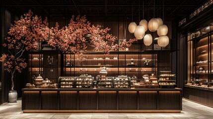 A Beautiful Interior Decor Displaying Baked Goods and Cherry Blossoms