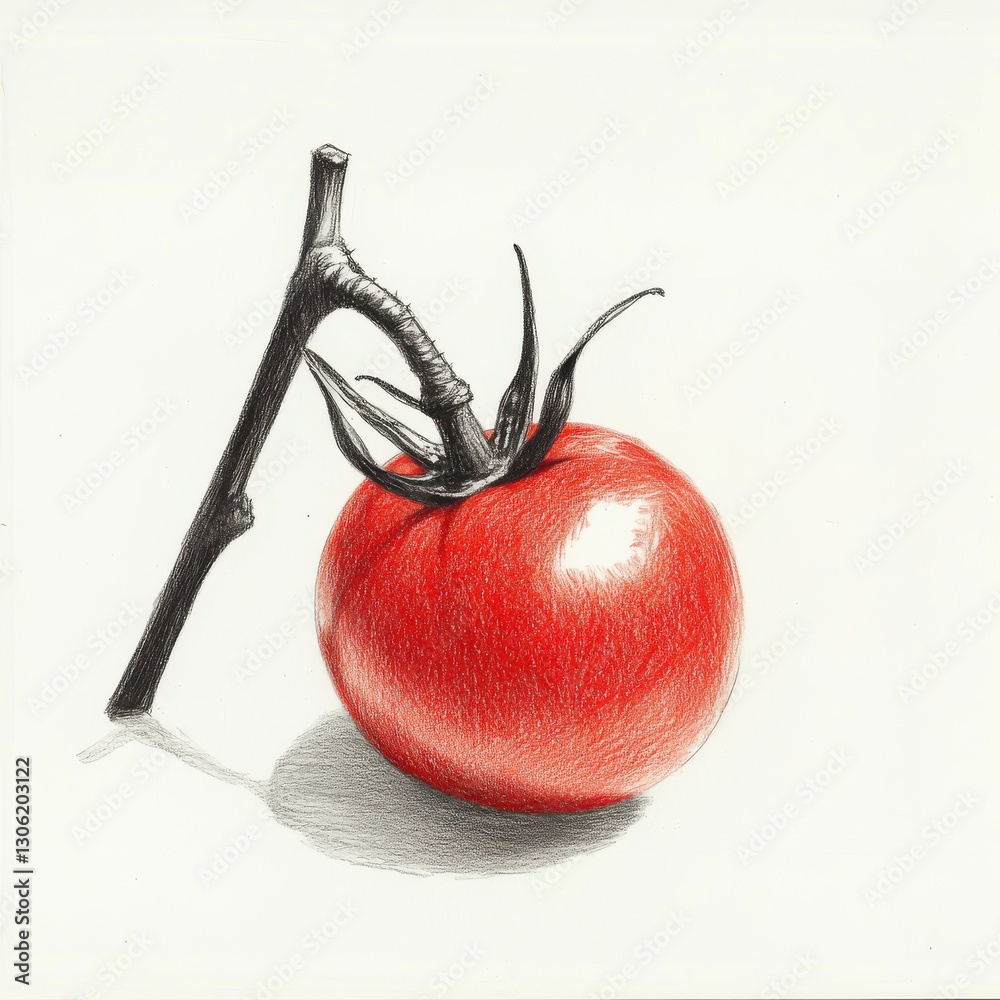 Poster captivating cherry tomato on a stem captured in detailed drawing showcasing vibrant red color and in