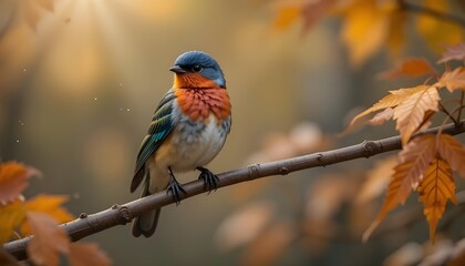 Vibrant Bird Resting Gracefully on a Branch Amidst Stunning Autumn Leaves and Golden Hues