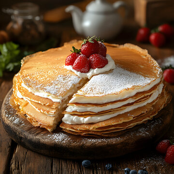 Delicious Kosovar flia pancake cake with fresh strawberries and cream on rustic wooden board offering a delectable dessert photography