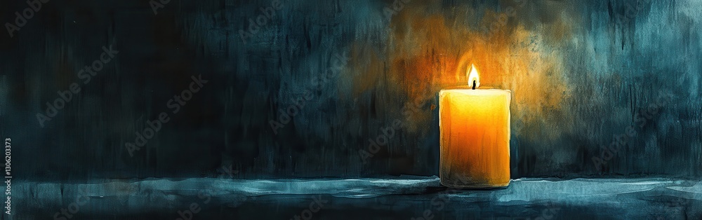 Poster Close-up of a flickering candle illuminating a dark space with warm tones in a serene setting