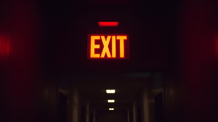 Glowing red exit sign illuminated in darkness. Emergency evacuation guidance in low light conditions. Safety indicator for building egress.
