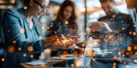 A Collaborative Business Meeting in a Modern Office Setting Featuring Professionals Engaged in Innovative Work Discussions Using Digital Technology.