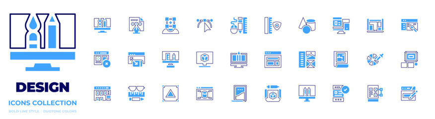 Design icon collection. Bold line style. Duotone colors. blueprint, geometrical shapes, dropper, web design , graphic design , designing, app design