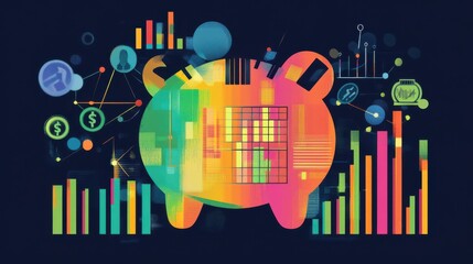 Obraz premium Colorful piggy bank illustration surrounded by financial symbols and data visualizations