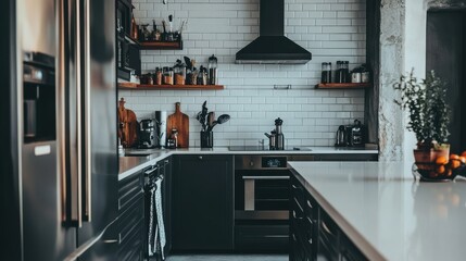 Narrow galley kitchen design featuring modern appliances and stylish decor with a minimalist aesthetic