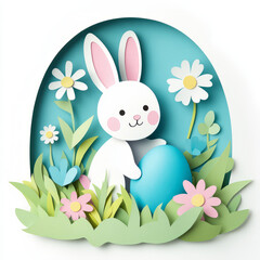 Cute paper cut illustration of bunny with egg in garden