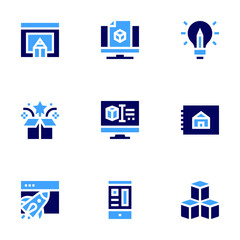 Design icon set. Bold style. Duotone colors. cubes, house plan, d design, design thinking, web design , design , app design