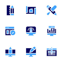 Design icon set. Bold style. Duotone colors. pencil, planning, web design , design tools , design software, graphic design , web design