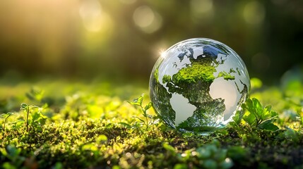 Glass Globe Earth in Lush Green Nature: A Symbol of Environmental Conservation and Sustainability