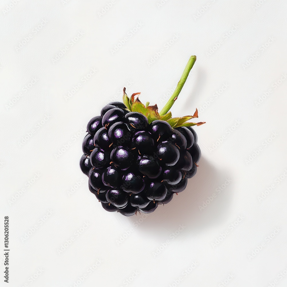 Poster fresh blackberry with plump drupelets resting on a clean white surface showcasing its rich color and