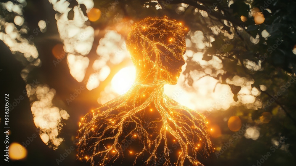 Poster man glowing with luminous energy amidst nature during sunset in a serene forest setting