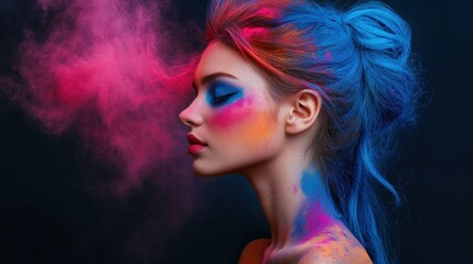 Woman with bright blue and pink makeup portrait in studio setting with soft lighting