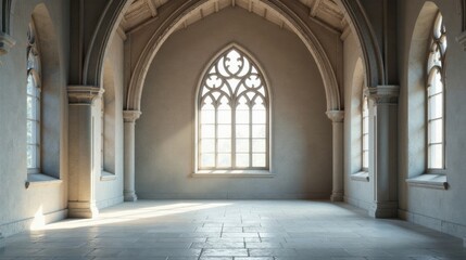 Obraz premium Sunlit Grandeur An Empty Hallway with Gothic Architecture and a Large Window