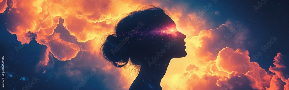 Aufkleber surreal representation of a glowing woman with cosmic elements in the background at dusk