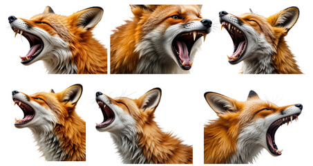 Fototapeta premium Collection of foxes howling and showing their sharp canine teeth, isolated on transparent background. 