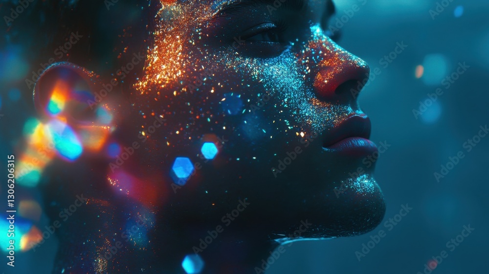 Poster mystical profile of a man adorned with shimmering colors, reflecting ethereal beauty and depth in an