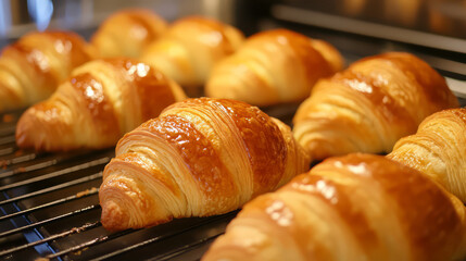 Freshly baked croissants cooling on rack, golden and flaky