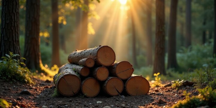 Golden hour sunbeams illuminate a stack of freshly cut logs in a tranquil forest setting - Powered by Adobe