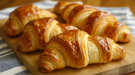 Freshly baked croissants on wooden board, golden and flaky