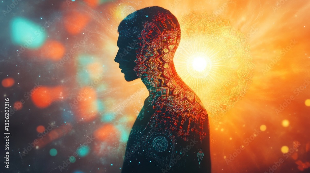 Poster man glowing with vibrant energy against a textured background illuminating the essence of self-disco