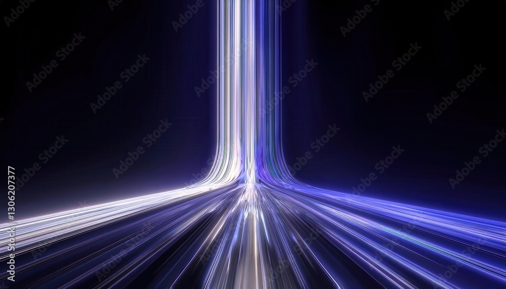 Poster futuristic glowing data stream in a dark digital void, abstract neon light trails forming a vertical energy flow, sci-fi design for technology themes