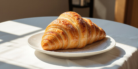 A warm, golden croissant with a flaky, buttery crust, sitting on a delicate porcelain plate, surrounded by a soft scattering