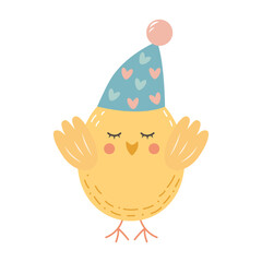 Cute chick in hat isolated on white background.