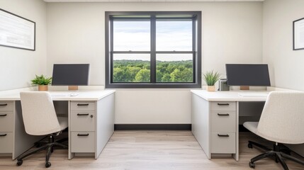 Fototapeta premium Modern Office Workspace with Minimalist Design and Scenic View