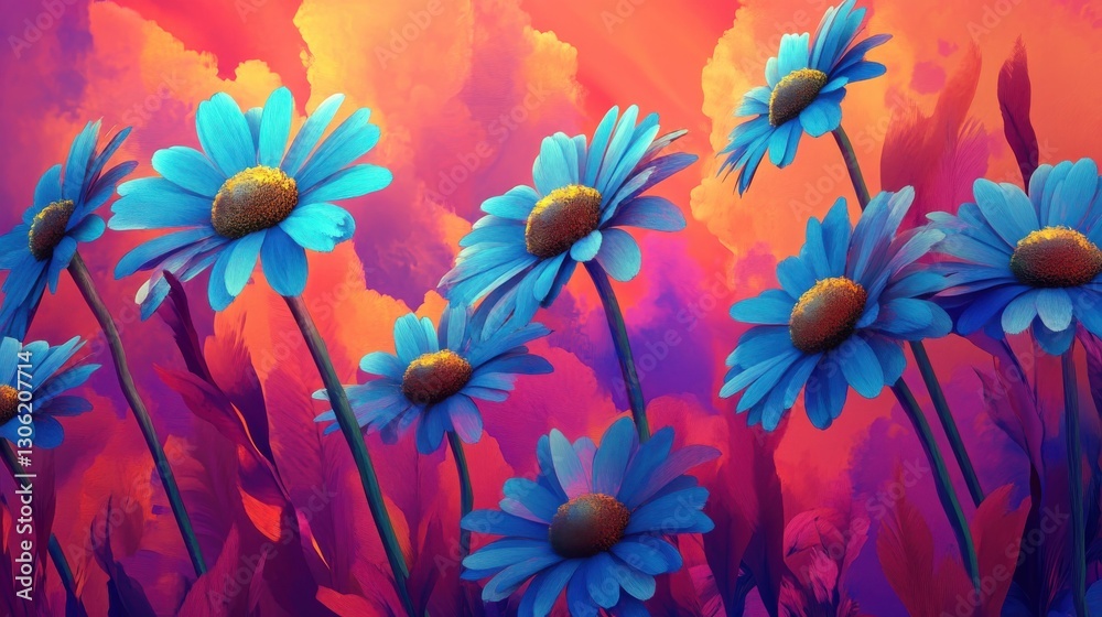 Poster abstract interpretation of daisies vibrant against a colorful background with dreamlike hues express