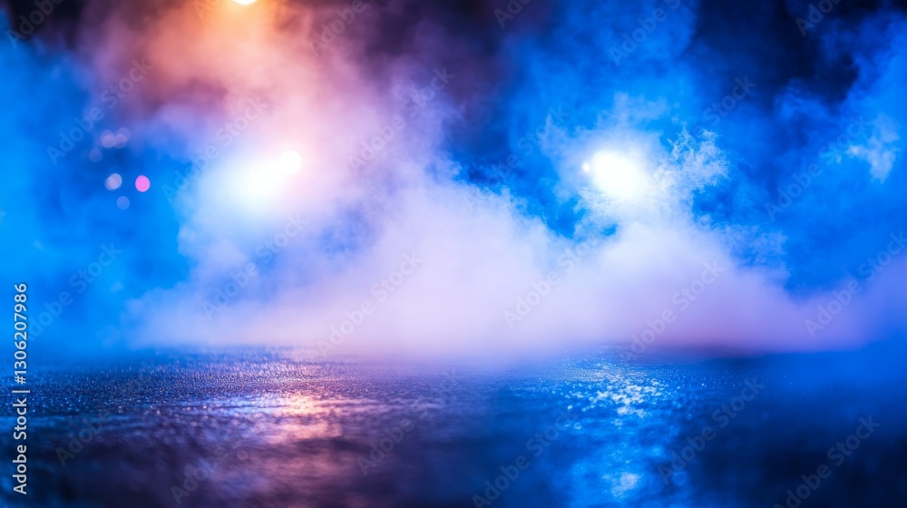 Poster Bright blue searchlights cut through dense mist, illuminating a damp urban surface while creating an ethereal glow in the night atmosphere
