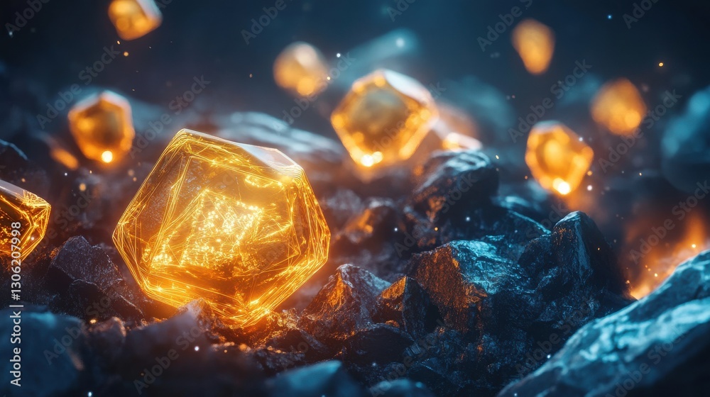 Poster symbolic representation of collectible crystals gleaming among dark stones in a mystical setting