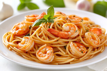Delicious plate of linguini with shrimp, fresh herbs, and garlic