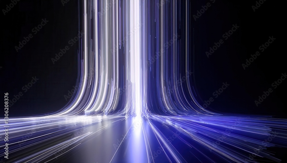 Poster futuristic glowing data stream in a dark digital void, abstract neon light trails forming a vertical energy flow, sci-fi design for technology themes